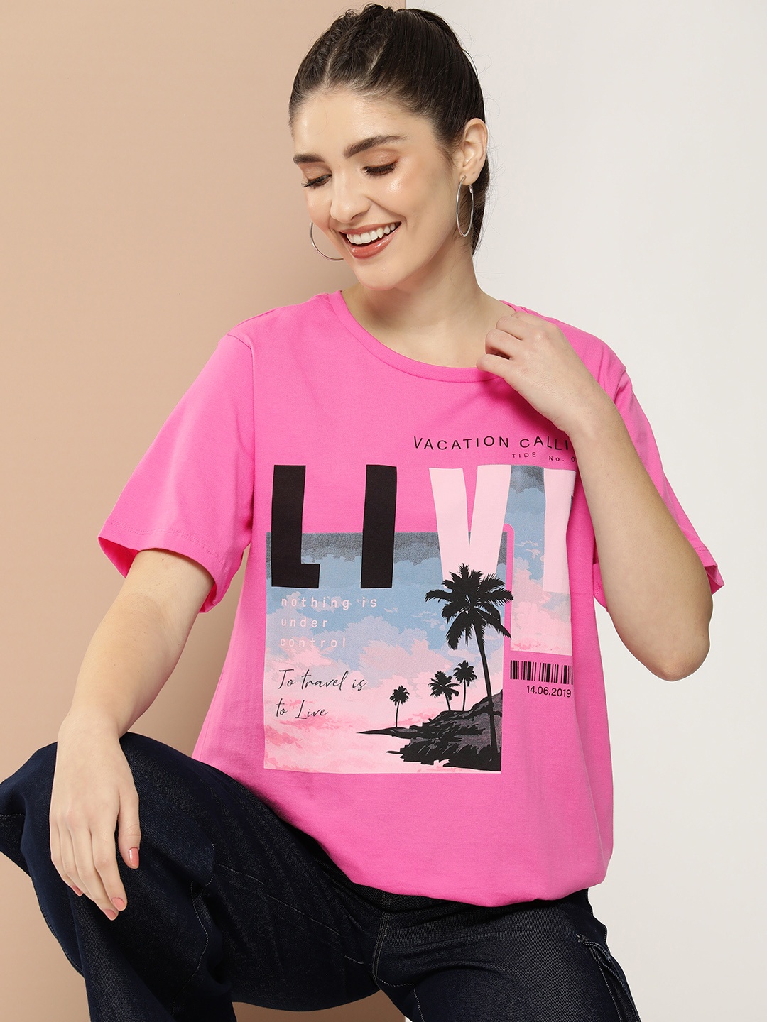 

HERE&NOW Pure Cotton Graphic Printed Drop-Shoulder Sleeves T-shirt, Pink