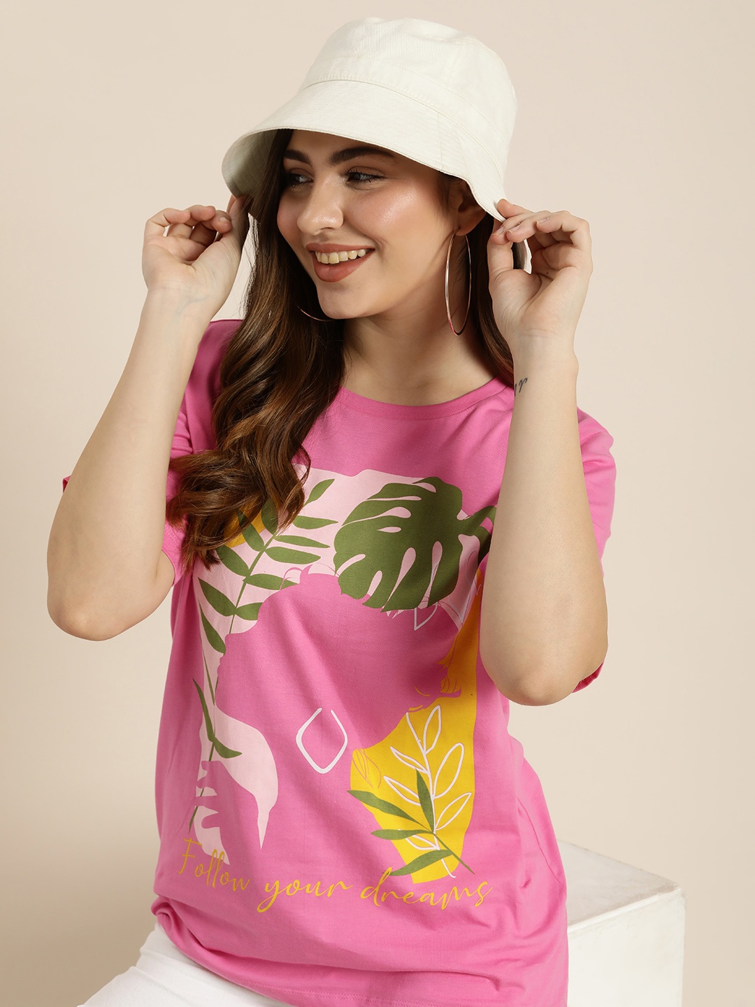 

HERE&NOW Graphic Printed Pure Cotton T-shirt, Pink