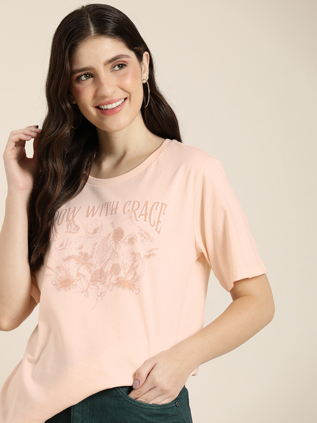 

HERE&NOW Pure Cotton Graphic Printed Casual T-shirt, Beige