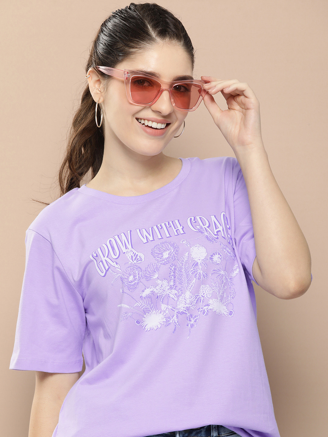 

HERE&NOW Printed Drop-Shoulder Sleeves Pure Cotton T-shirt, Lavender