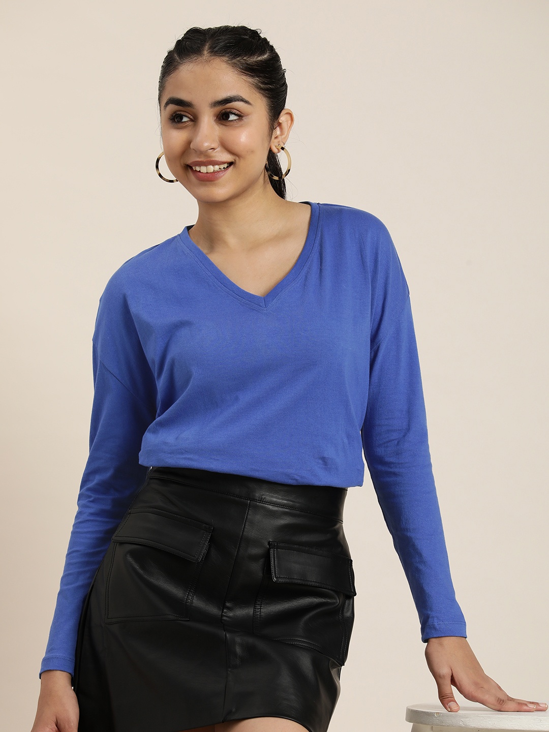 

HERE&NOW Women V-Neck Pure Cotton T-shirt, Blue