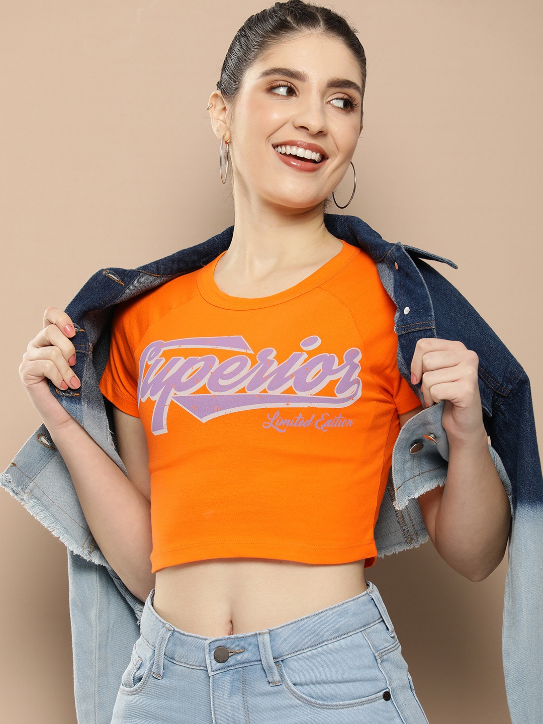 

HERE&NOW Pure Cotton Typography Printed Casual Crop T-shirt, Orange