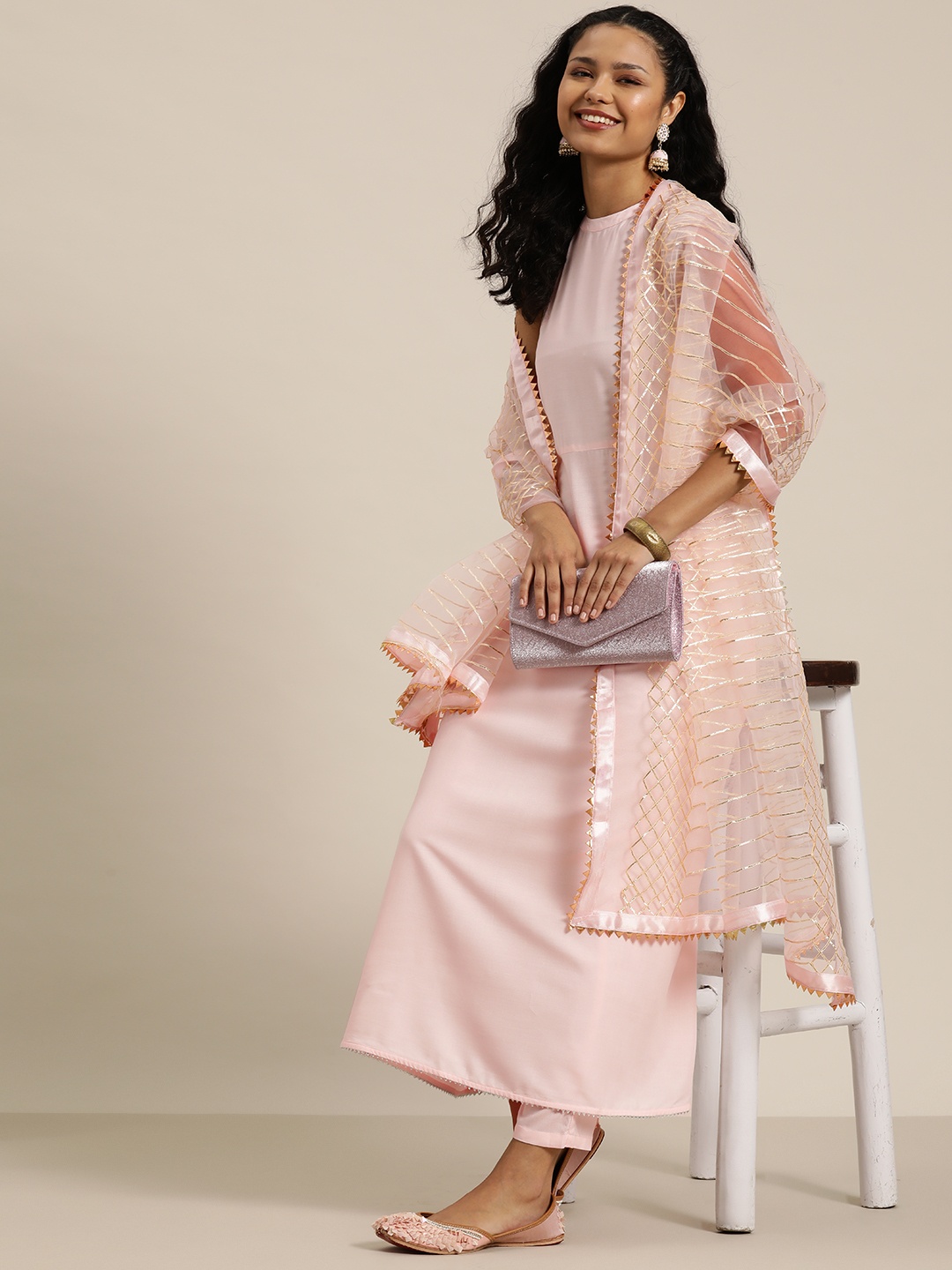 

HERE&NOW Women A-Line Kurta with Trousers & Gotta Patti Dupatta, Peach