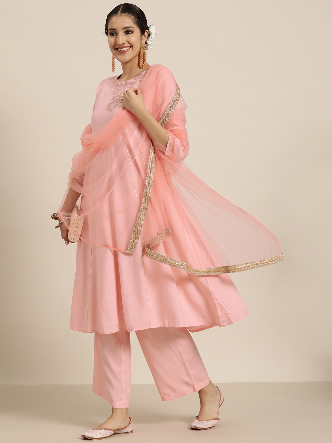 

HERE&NOW Floral Thread Work Kurta with Trousers & Dupatta, Peach