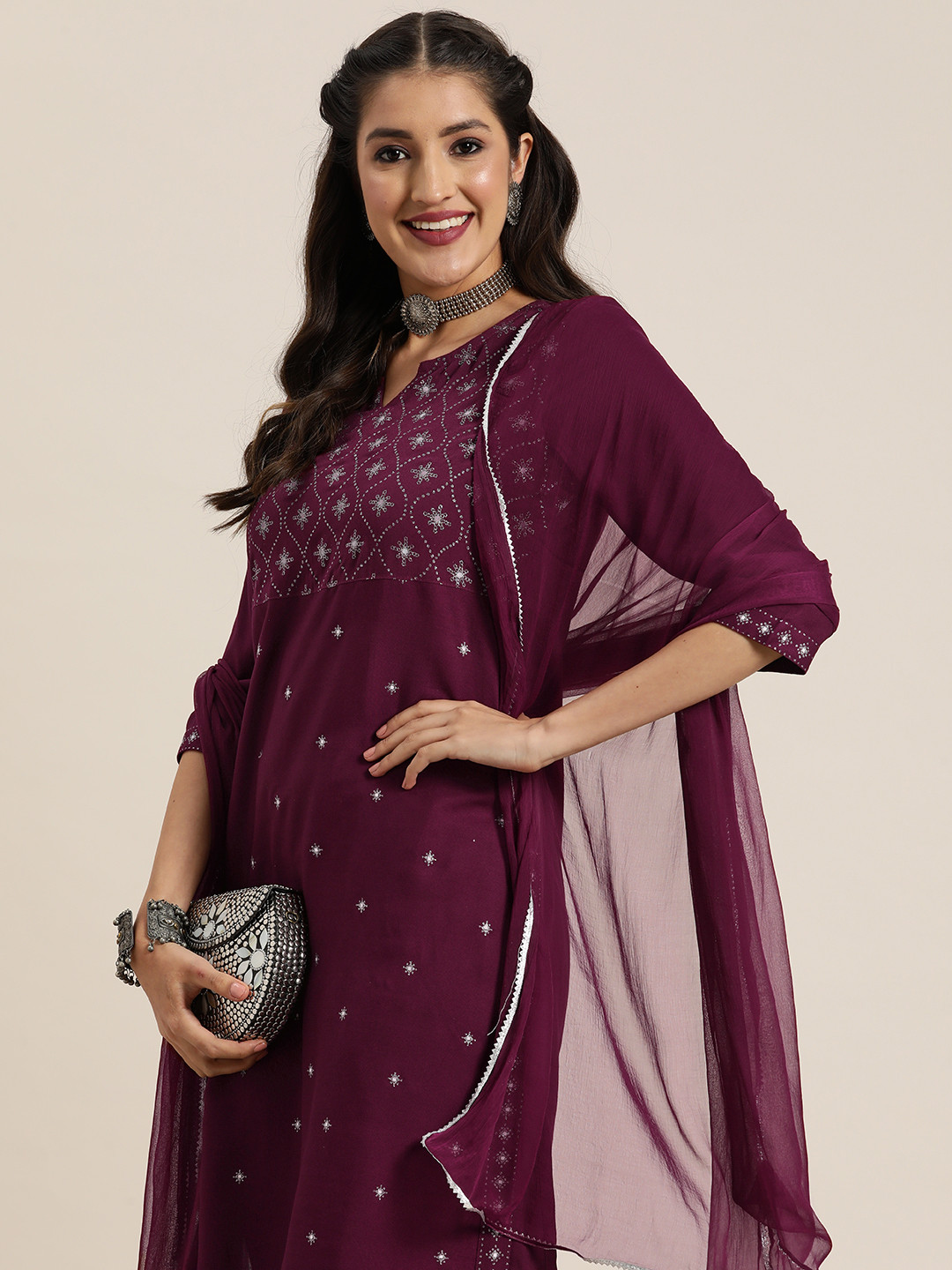 

HERE&NOW Women Ethnic Motifs Printed Kurta with Trousers & Dupatta, Burgundy