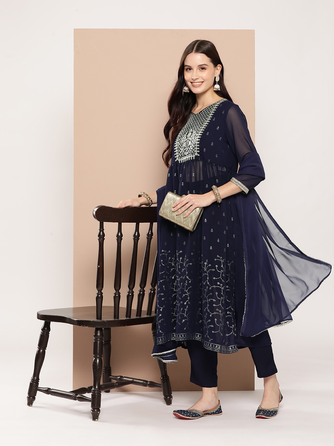 

HERE&NOW Ethnic Zari Embroidered Pleated Kurta with Trousers & Dupatta, Navy blue