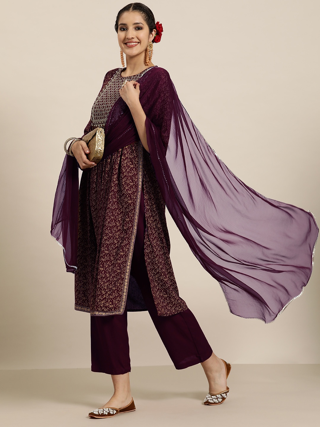 

HERE&NOW Ethnic Motifs Printed Kurta with Trousers & Dupatta, Burgundy