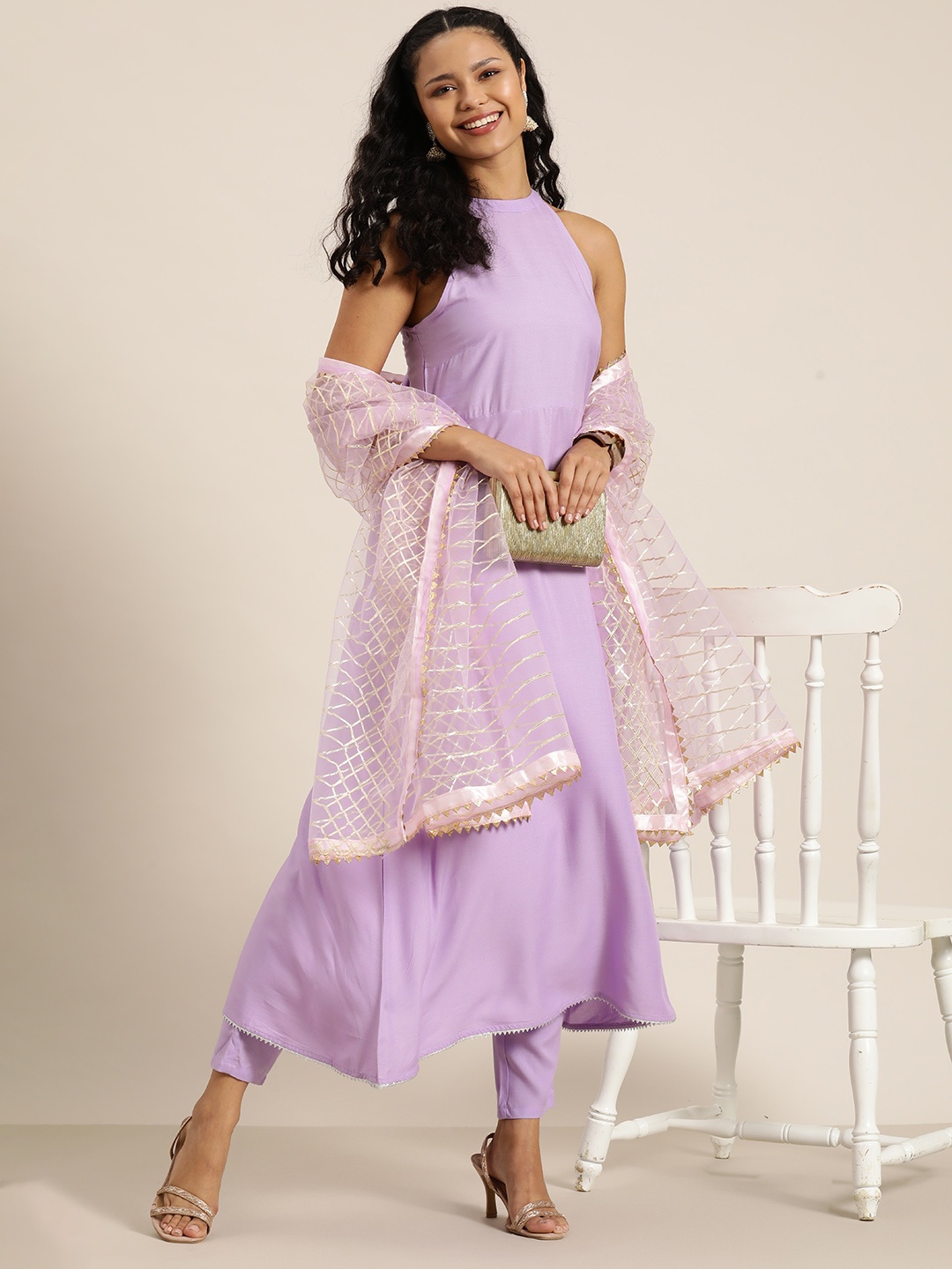 

HERE&NOW Women A-Line Kurta with Trousers & Gotta Patti Dupatta, Lavender