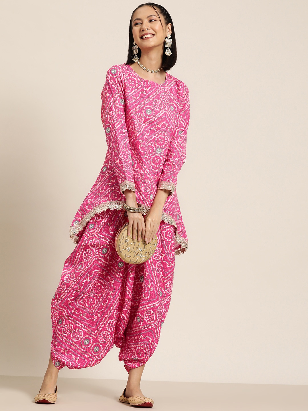 

HERE&NOW Bandhani Print High-Low Kurta with Harem Pants, Pink