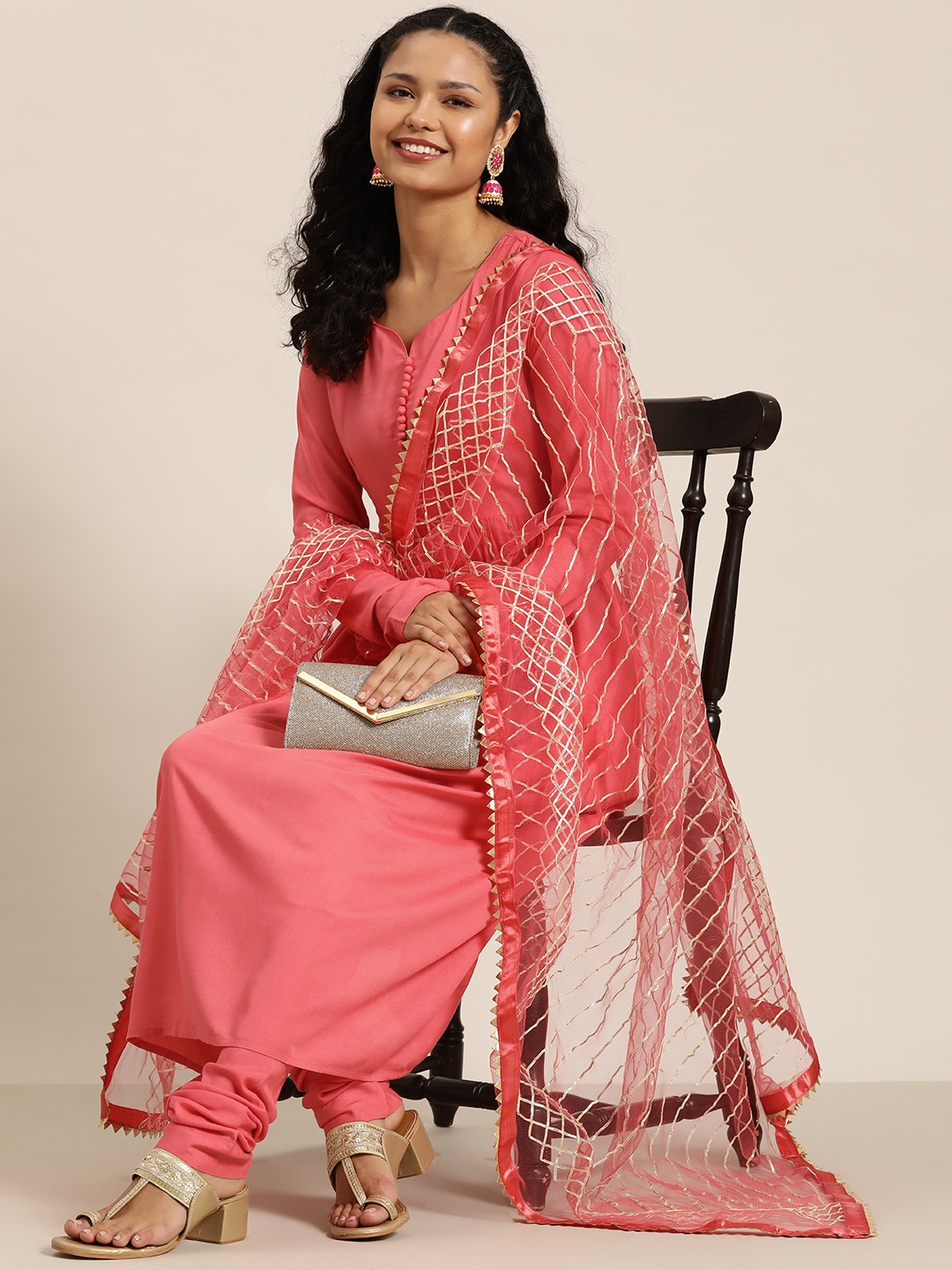 

HERE&NOW Women A-Line Kurta with Churidar & Gotta Patti Dupatta, Coral