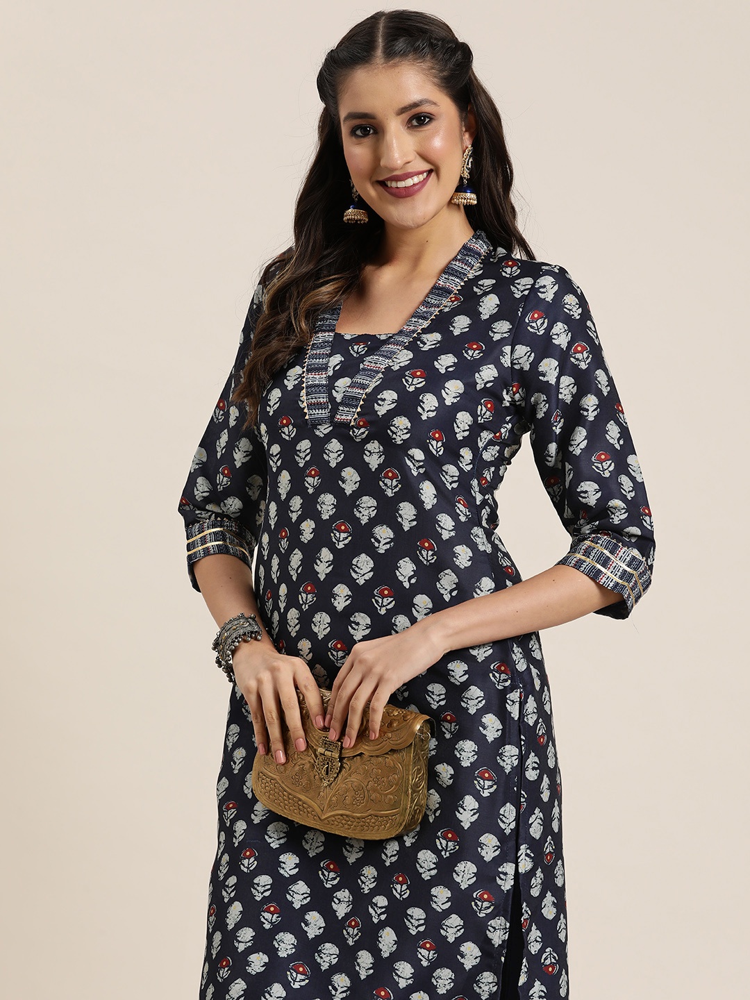 

HERE&NOW Ethnic Motifs Print Gotta Patti Kurta, Navy blue