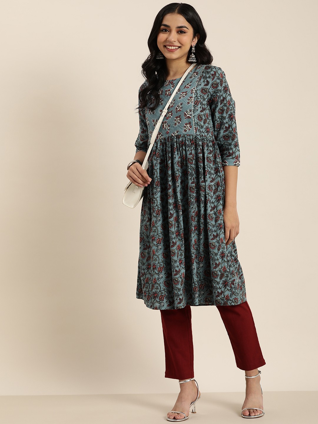 

HERE&NOW Women Ethnic Motifs Printed Gotta Patti Kurta, Blue
