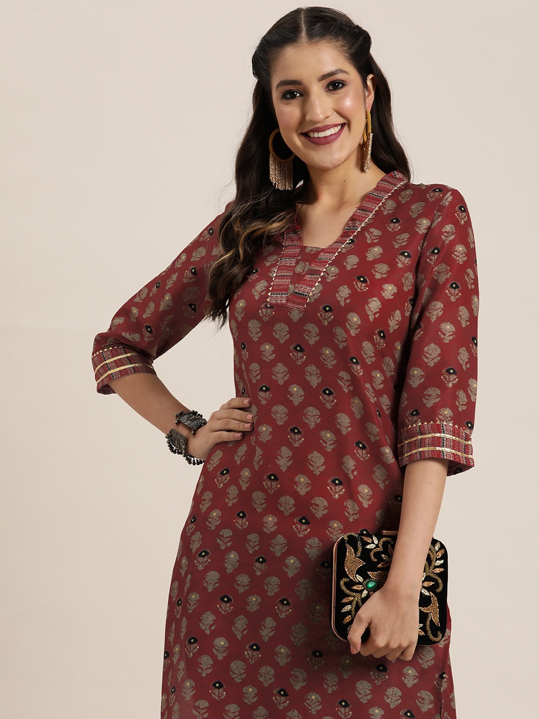 

HERE&NOW Ethnic Motifs Print Gotta Patti Kurta, Maroon