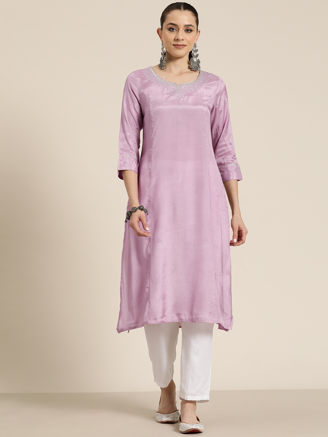 

HERE&NOW Zari Embroidered Mirror Work Kurta, Lavender