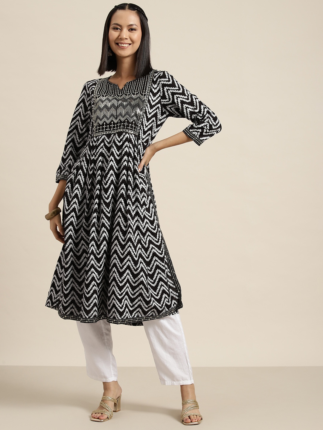 

HERE&NOW Geometric Print Sequinned Kurta, Black