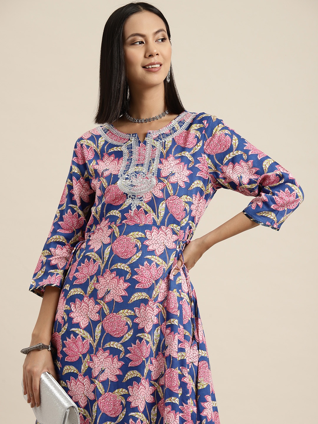 

HERE&NOW Ethnic Motifs Printed A-Line Kurta, Blue