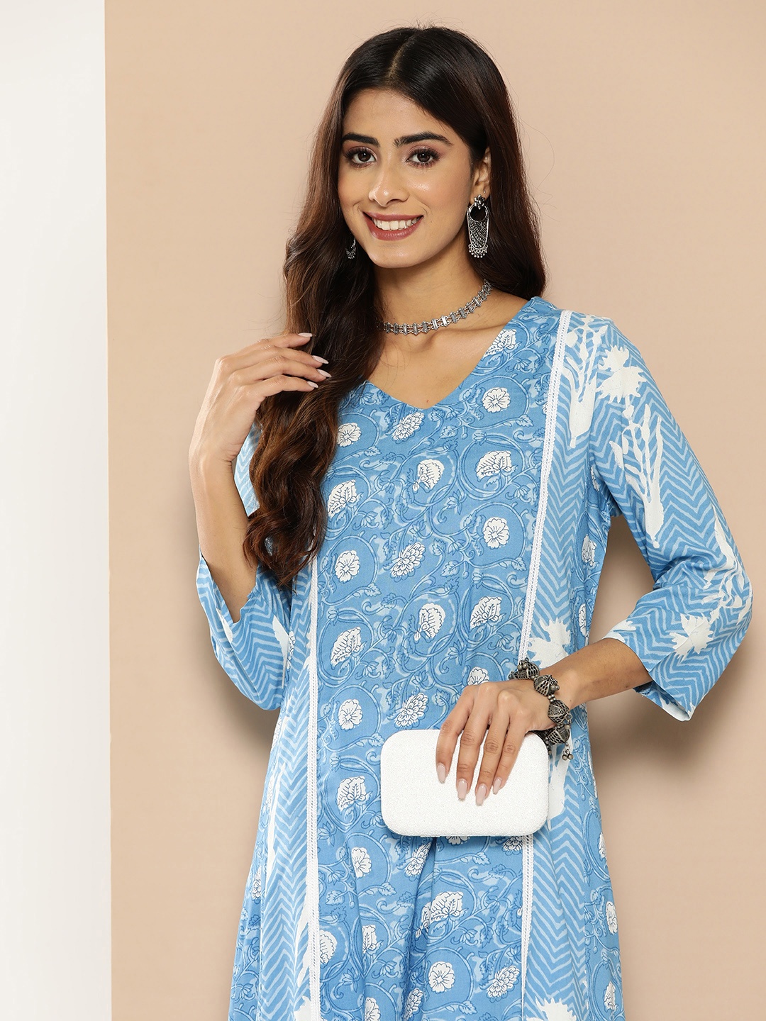 

HERE&NOW Floral Print A-Line Kurta, Blue