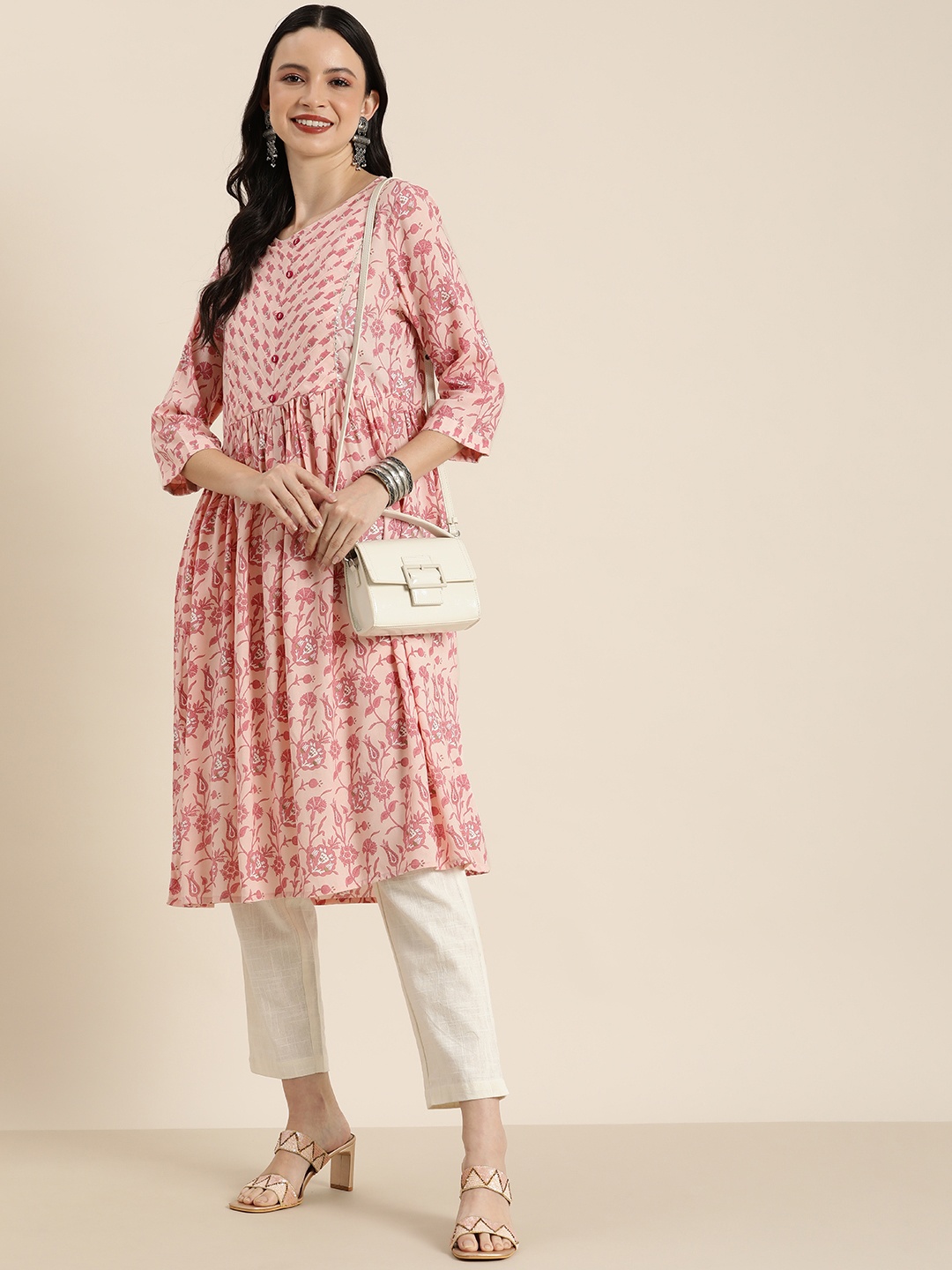 

HERE&NOW Women Ethnic Motifs Printed Gotta Patti Kurta, Pink