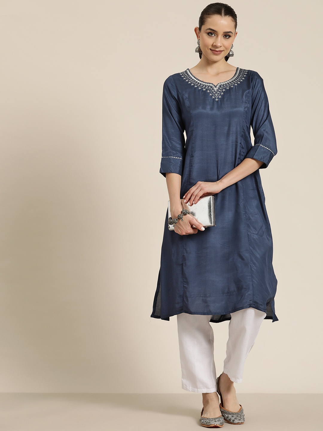 

HERE&NOW Zari Embroidered Mirror Work Kurta, Blue