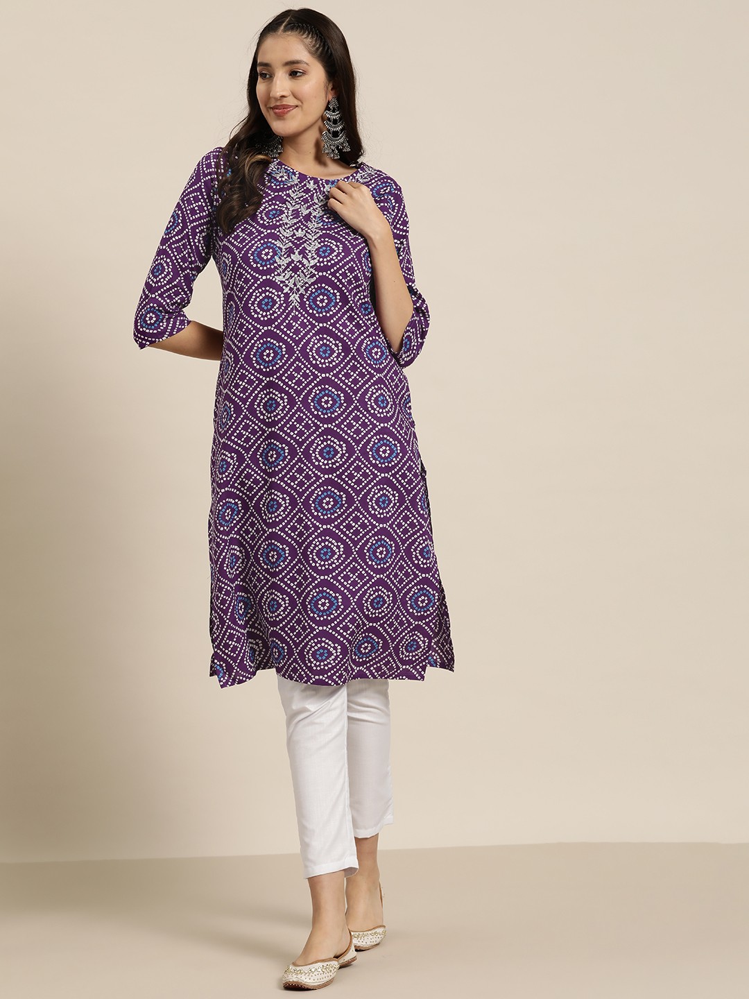 

HERE&NOW Bandhani Printed Straight Kurta, Purple