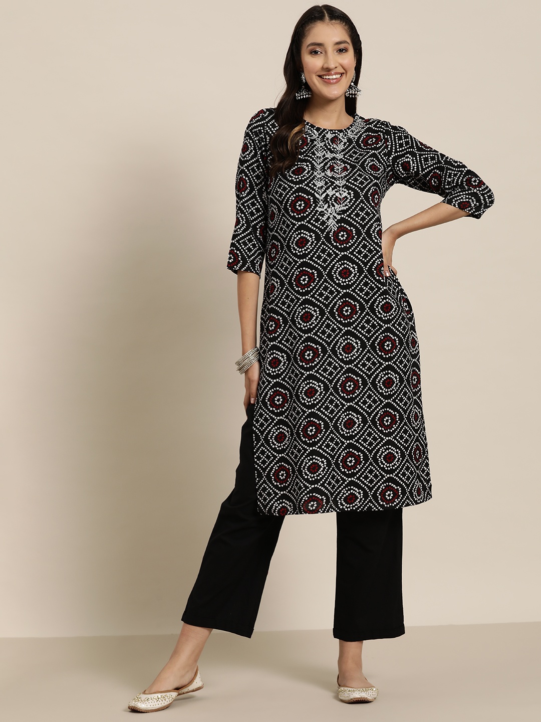 

HERE&NOW Bandhani Printed Straight Kurta, Black