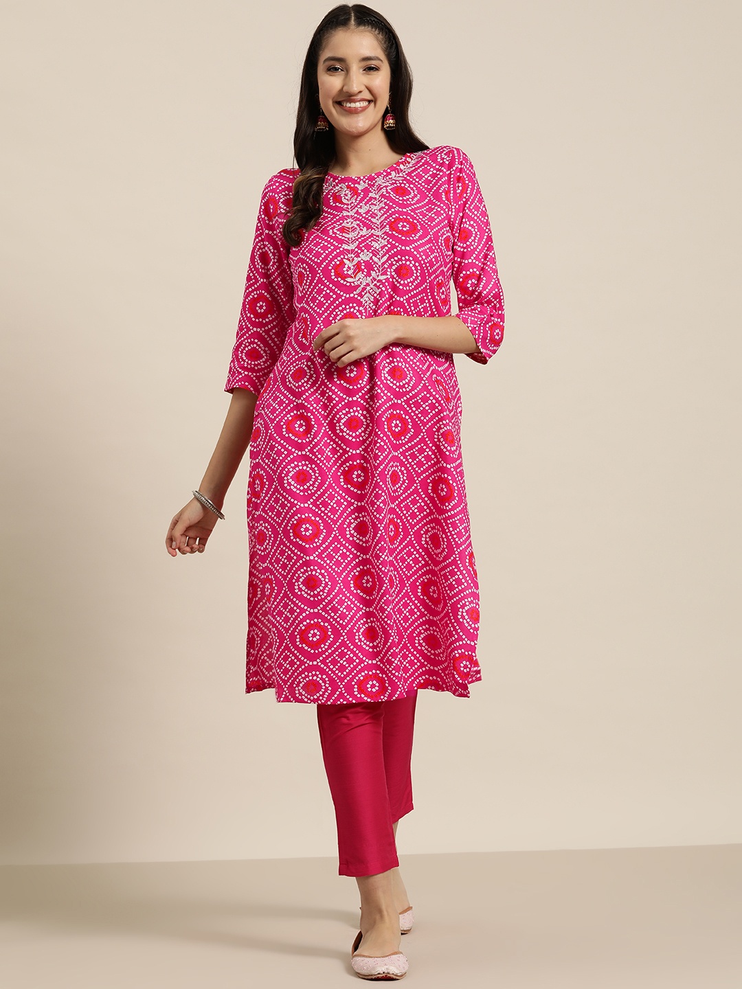 

HERE&NOW Bandhani Printed Straight Kurta, Pink