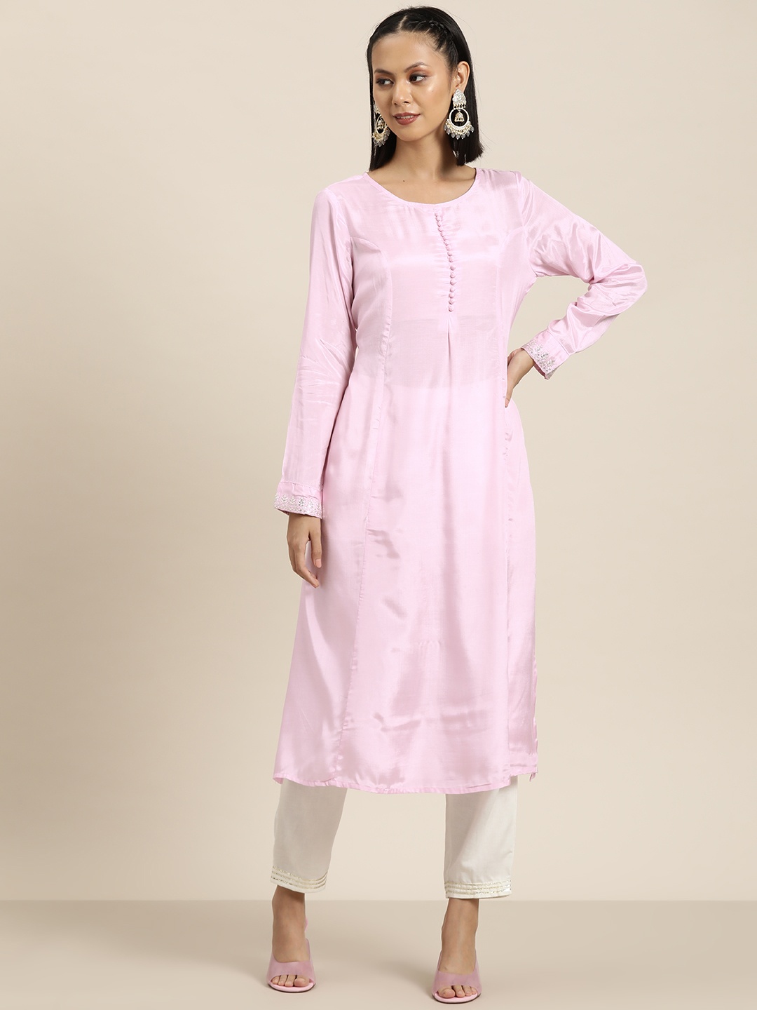 

HERE&NOW Pom-Pom Detail Long Sleeves Straight Kurta, Pink