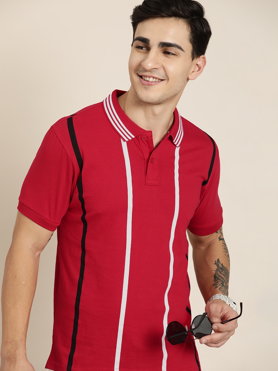 

HERE&NOW Striped Polo Collar Pure Cotton T-shirt, Red