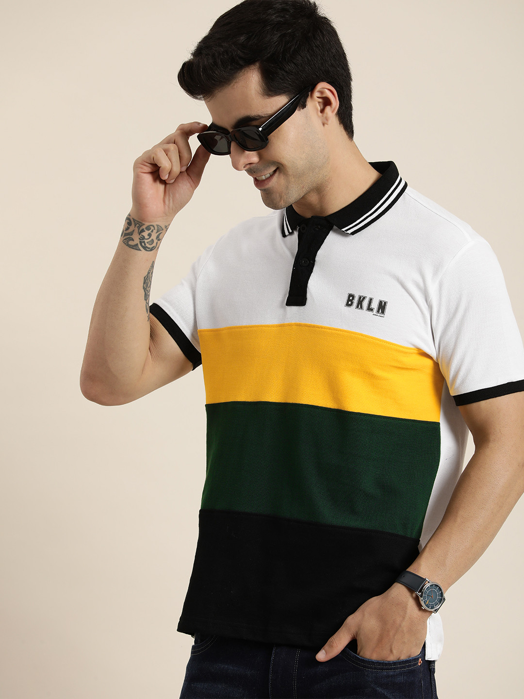 

HERE&NOW Colourblocked Polo Collar Pure Cotton T-shirt, White