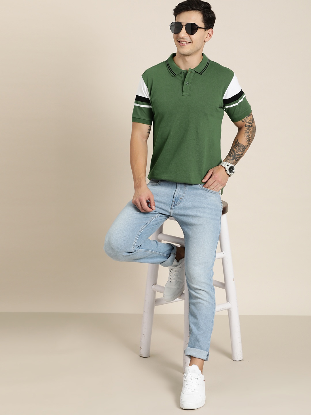 

HERE&NOW Men Polo Collar Pure Cotton T-shirt, Olive