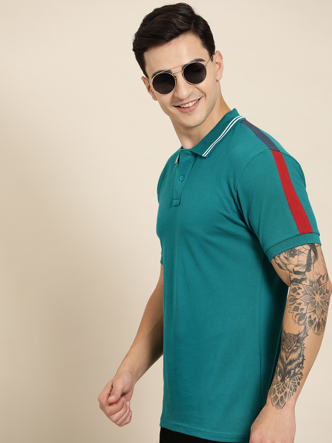 

HERE&NOW Solid Polo Collar Pure Cotton T-shirt, Teal