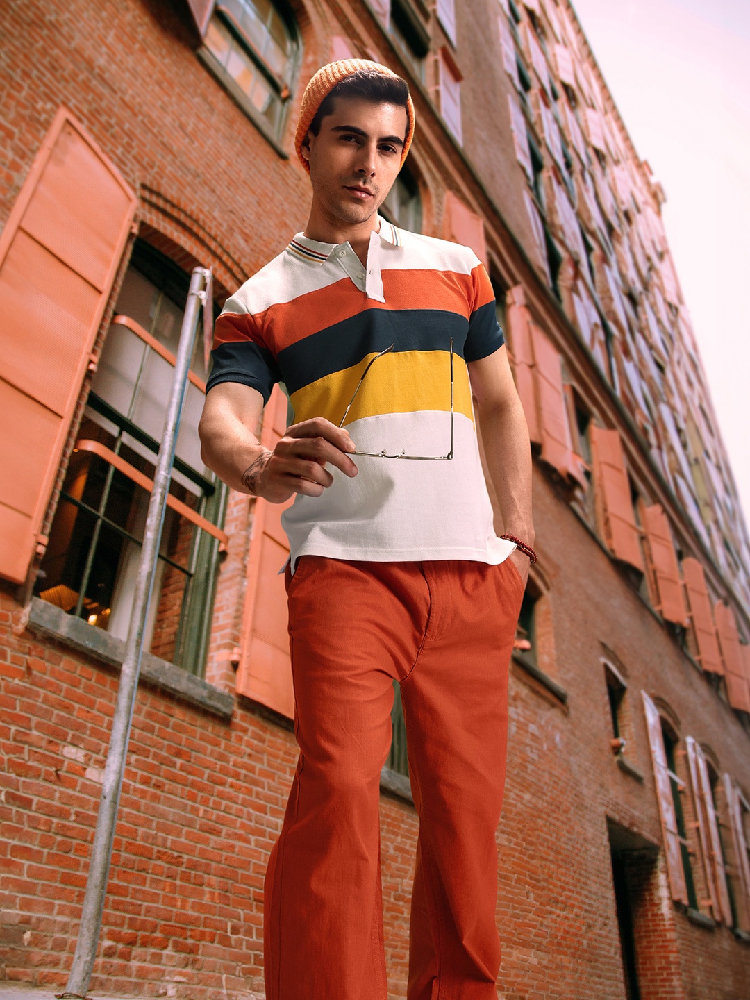 

HERE&NOW Colourblocked Pure Cotton Polo Collar T-shirt, Mustard