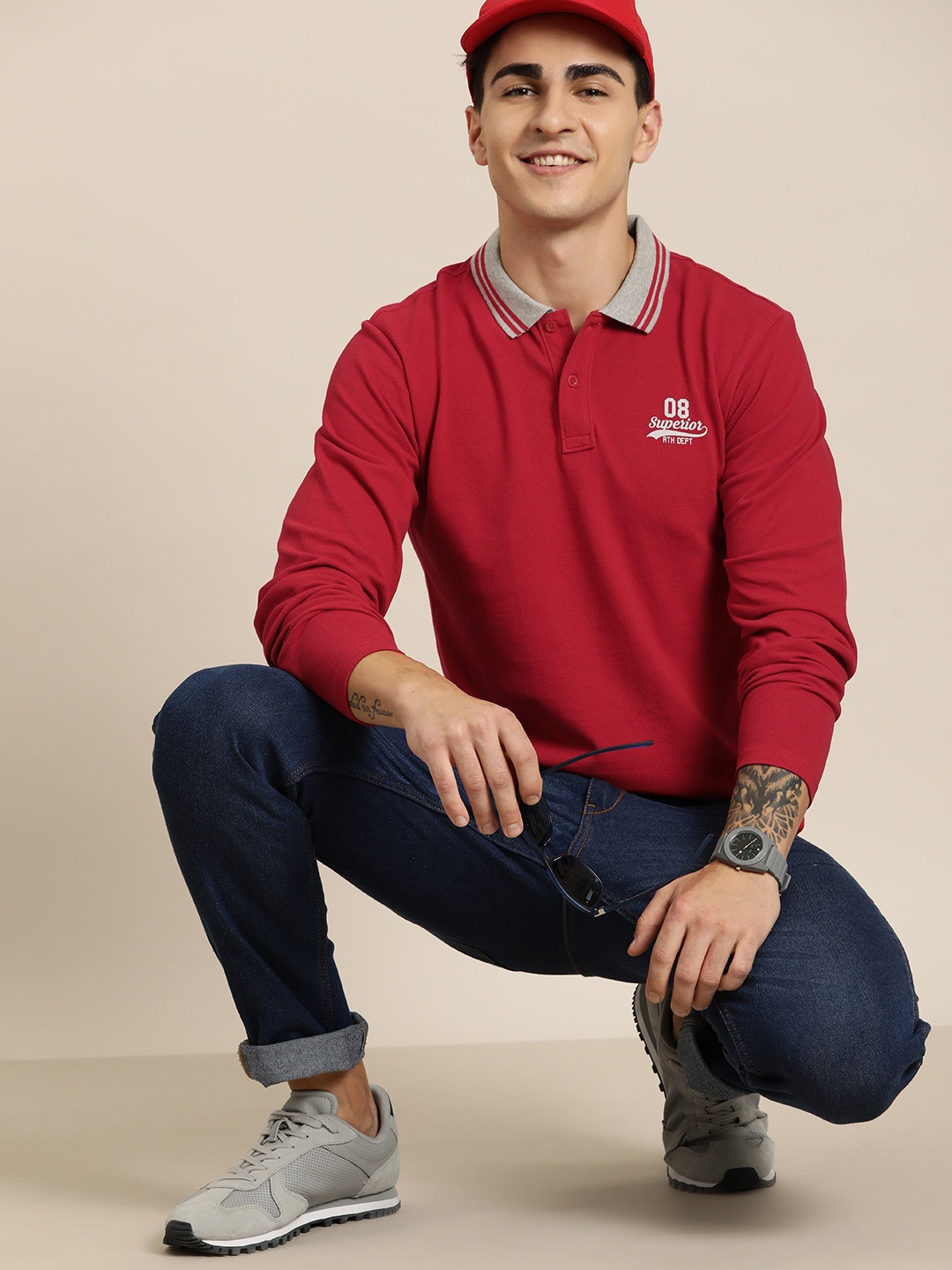 

HERE&NOW Men Polo Collar Pure Cotton T-shirt, Red