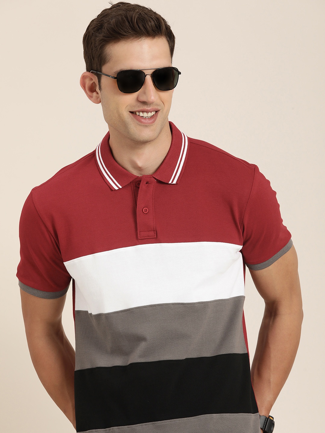 

HERE&NOW Colourblocked Polo Collar Pure Cotton T-shirt, Red