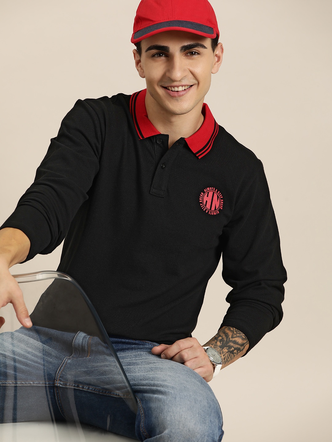 

HERE&NOW Men Polo Collar Pure Cotton T-shirt, Black