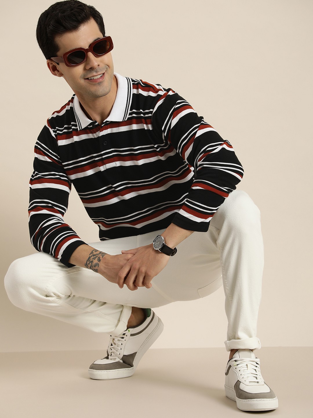

HERE&NOW Polo Collar Long Sleeves Striped Casual T-shirt, Black