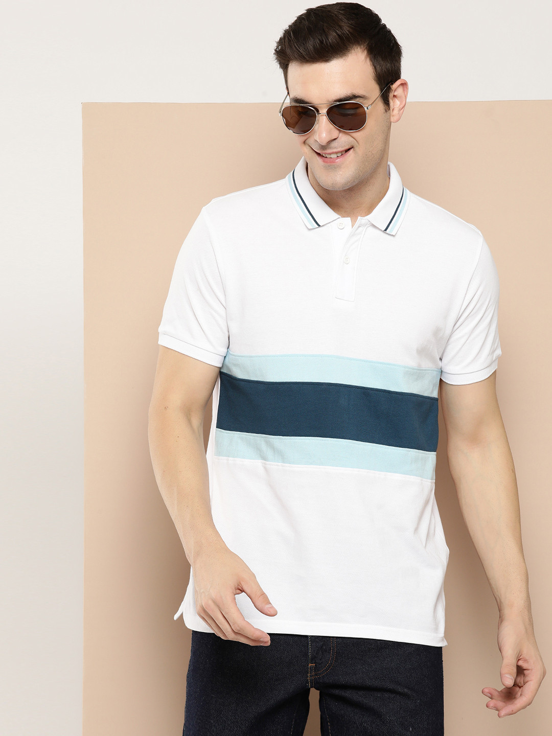 

HERE&NOW Striped Polo Collar Pure Cotton T-shirt, White