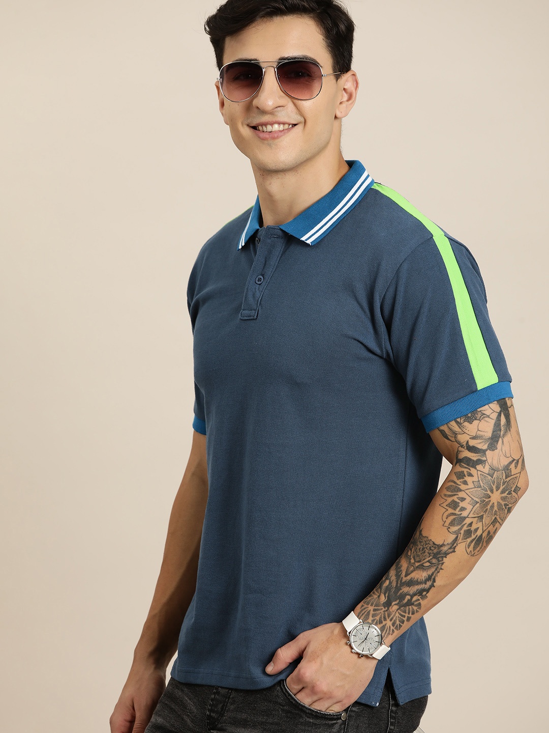 

HERE&NOW Men Polo Collar Pure Cotton T-shirt, Blue
