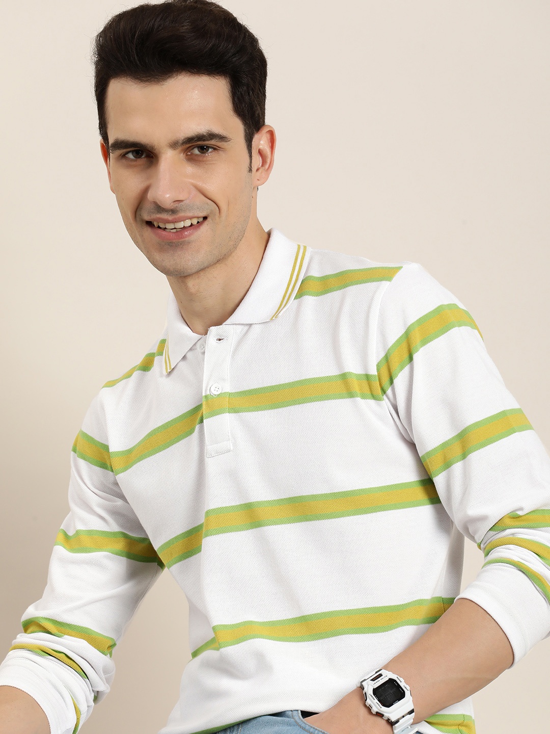 

HERE&NOW Striped Polo Collar T-shirt, White