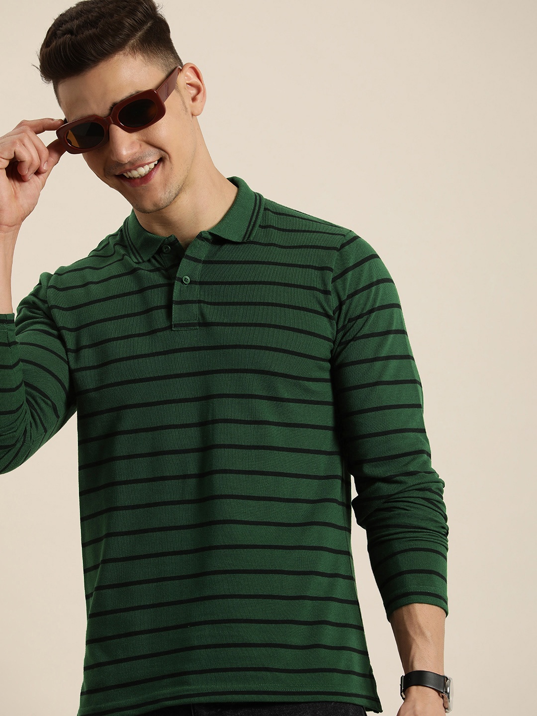 

HERE&NOW Polo Collar Long Sleeves Striped Casual T-shirt, Green