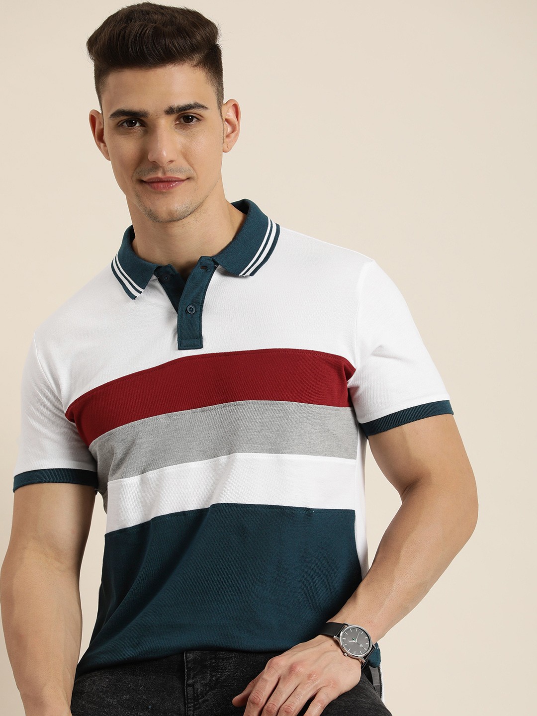 

HERE&NOW Men Striped Polo Collar Pure Cotton T-shirt, White