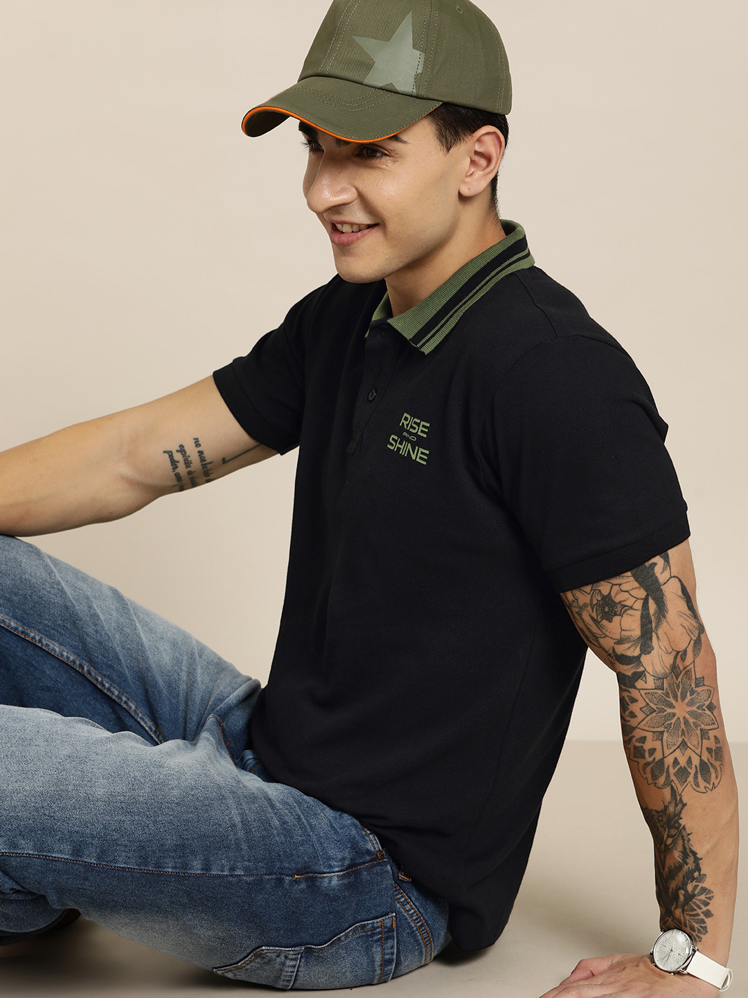 

HERE&NOW Men Polo Collar Pure Cotton T-shirt, Black