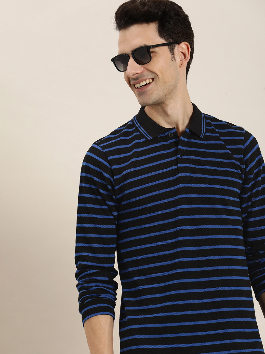

HERE&NOW Striped Polo Collar T-shirt, Black