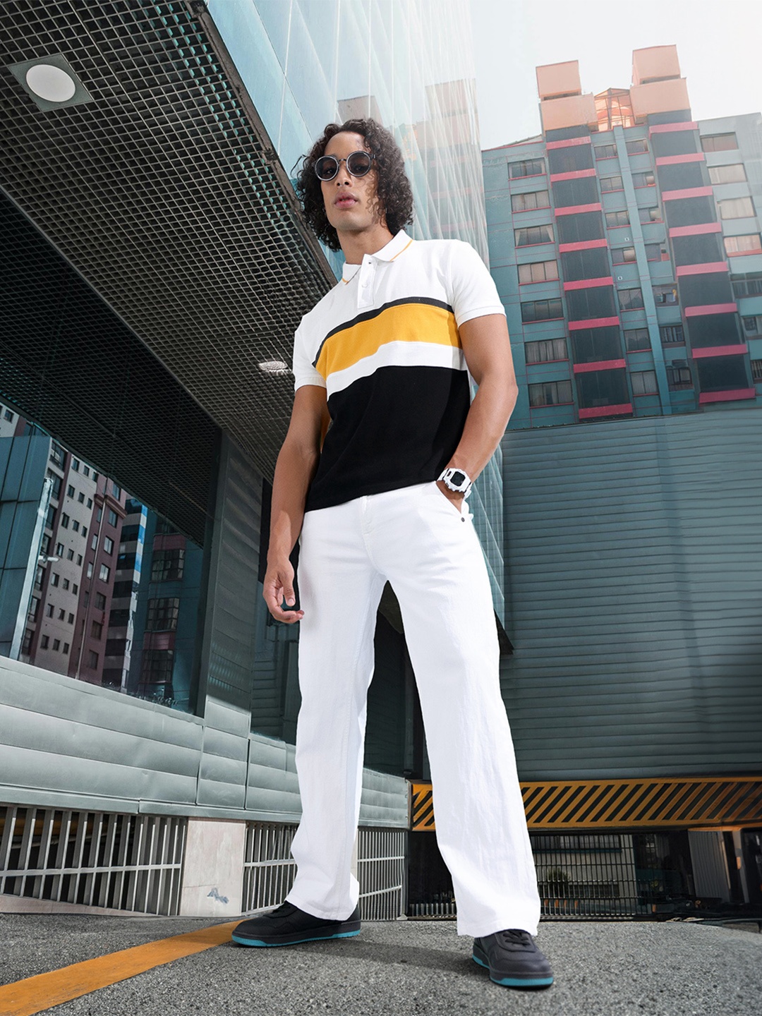 

HERE&NOW Men Colourblocked Polo Collar Pure Cotton T-shirt, White