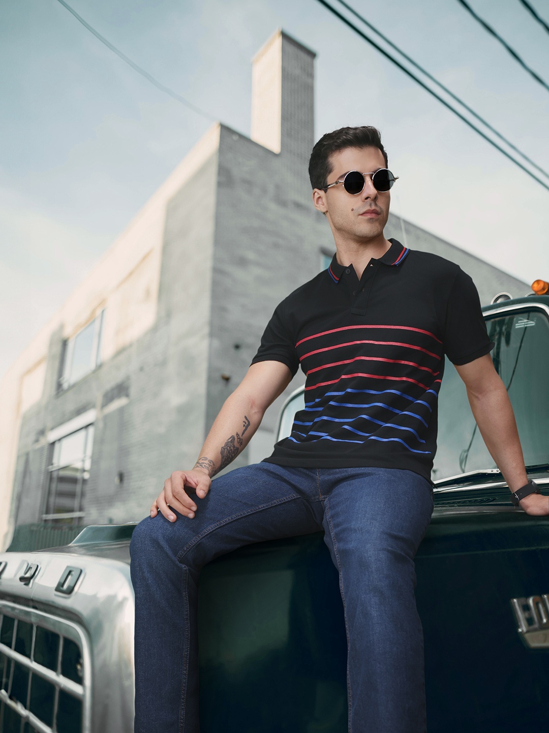 

HERE&NOW Striped Polo Collar Pure Cotton T-shirt, Black