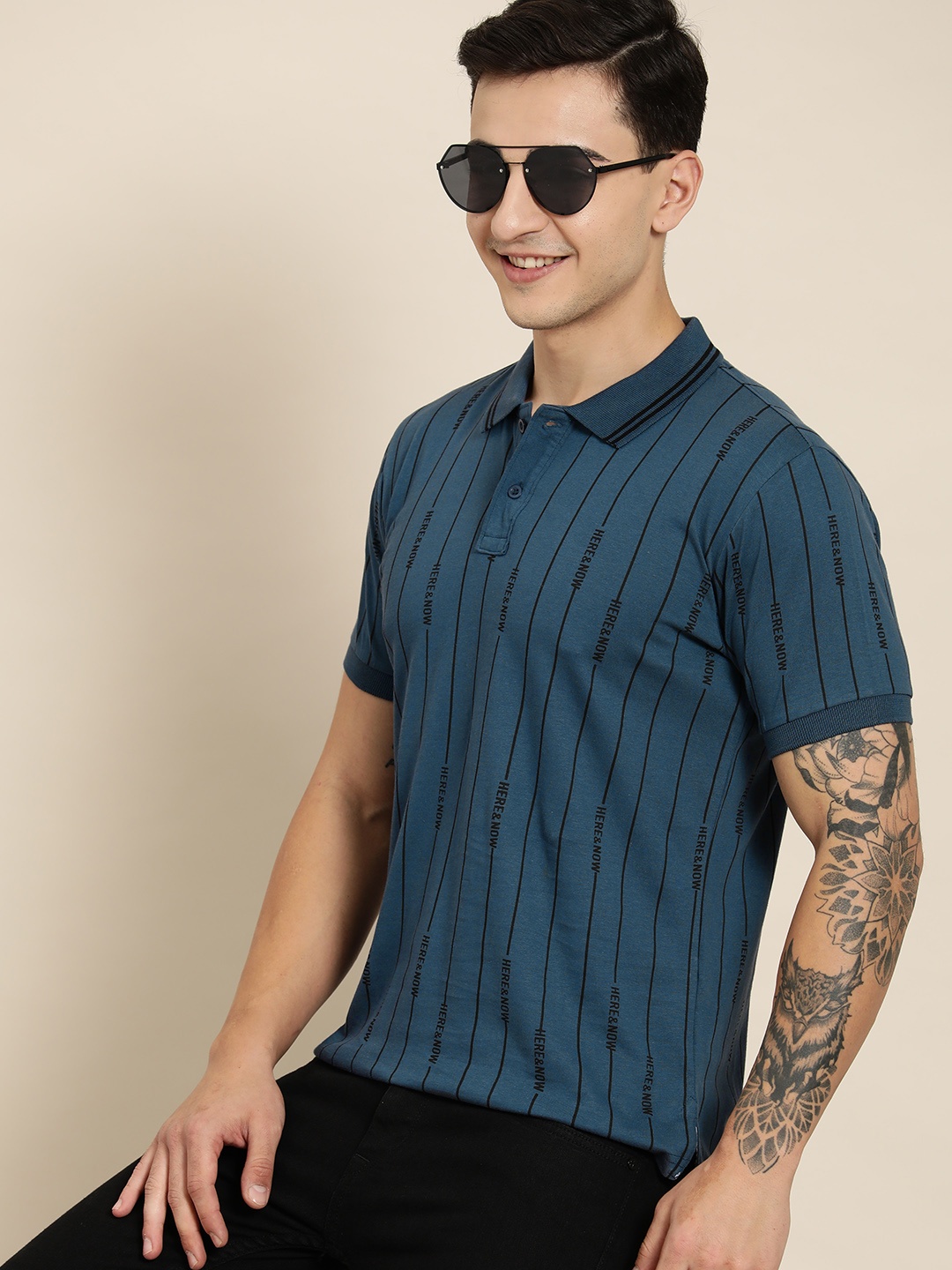 

HERE&NOW Striped Polo Collar Pure Cotton T-shirt, Navy blue