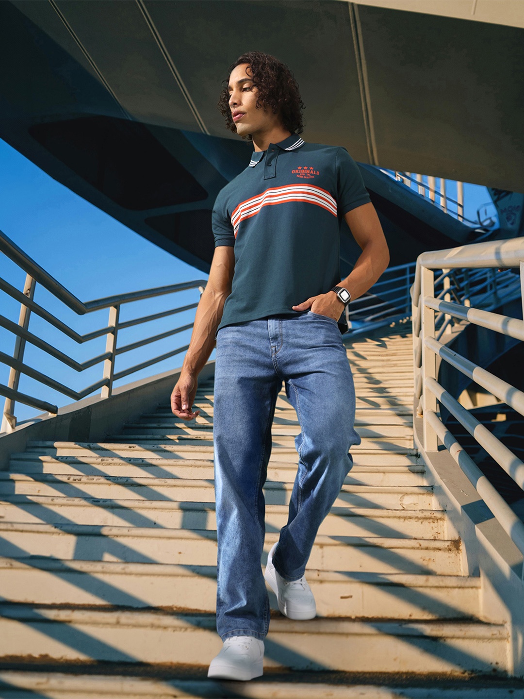 

HERE&NOW Striped Polo Collar Pure Cotton T-shirt, Navy blue