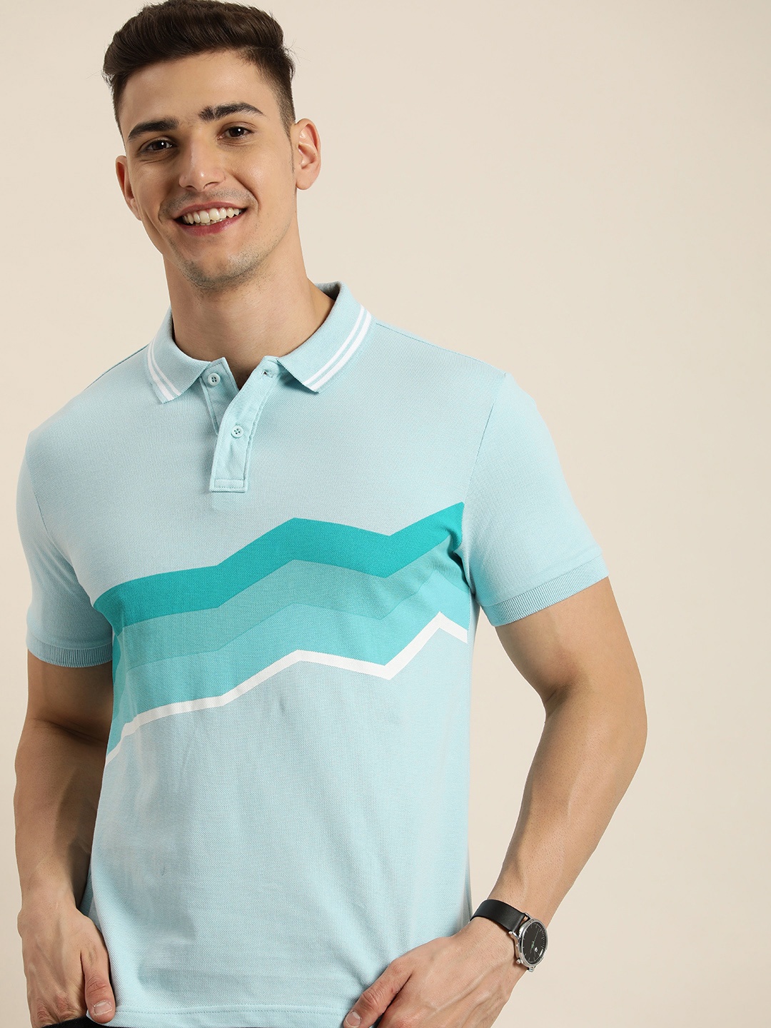

HERE&NOW Pure Cotton Geometric Printed Polo Collar Casual T-shirt, Blue