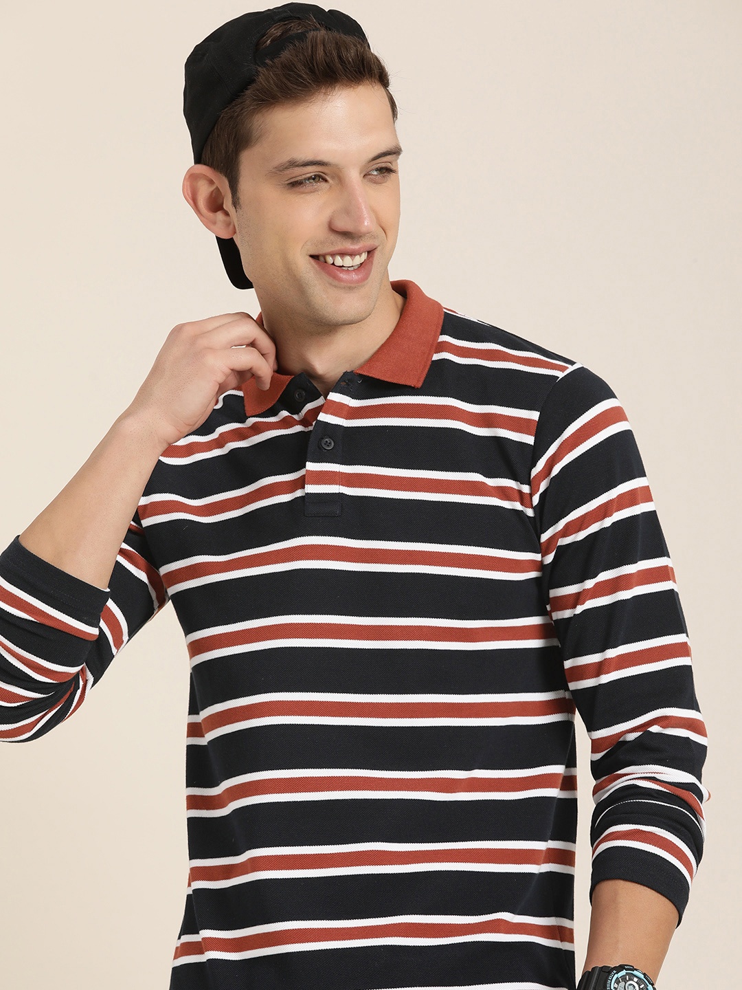 

HERE&NOW Striped Polo Collar T-shirt, Navy blue
