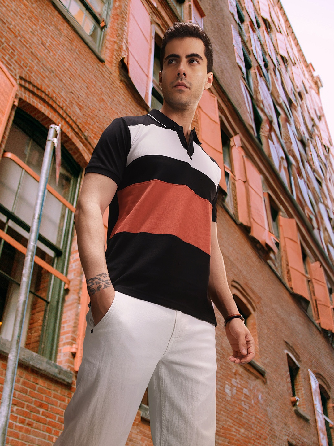 

HERE&NOW Colourblocked Polo Collar Pure Cotton T-shirt, Black